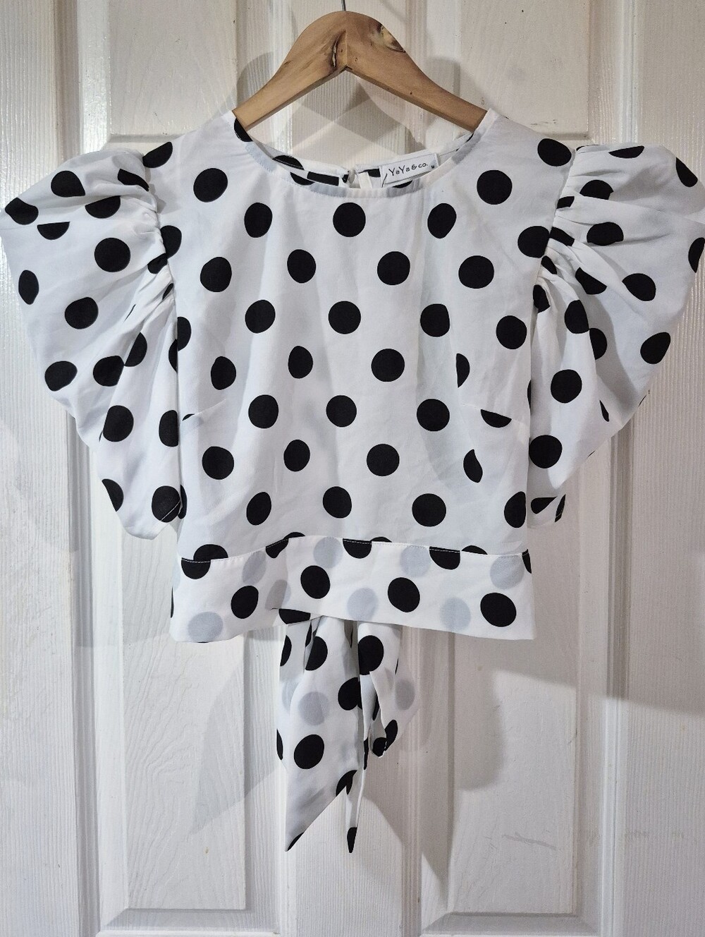 White Polka Dot Puff-Sleeve Cropped Tie Back Blouse Medium